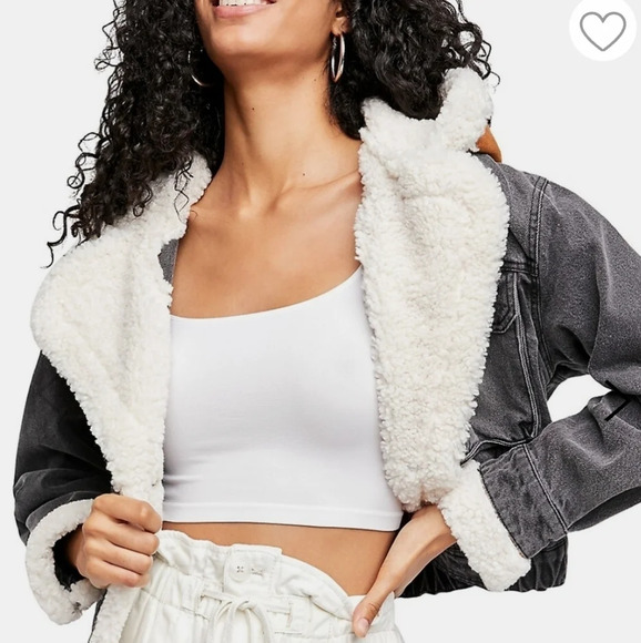 Free people perry hooded denim jacket in washed black sherpa trim size S - Picture 2 of 11